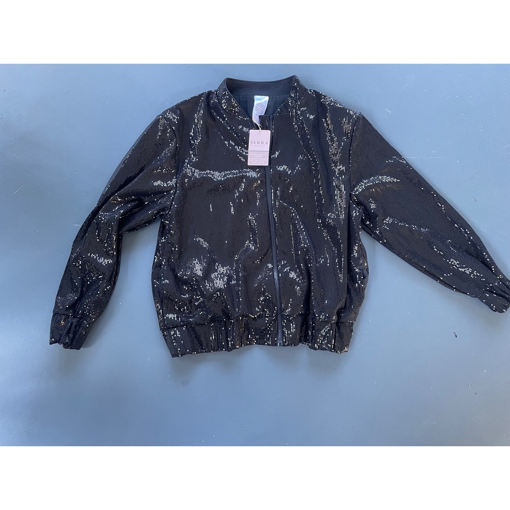 Serra Ladies Sequin Bomber Jacket Black Sparkle Zip Front Size S NWT